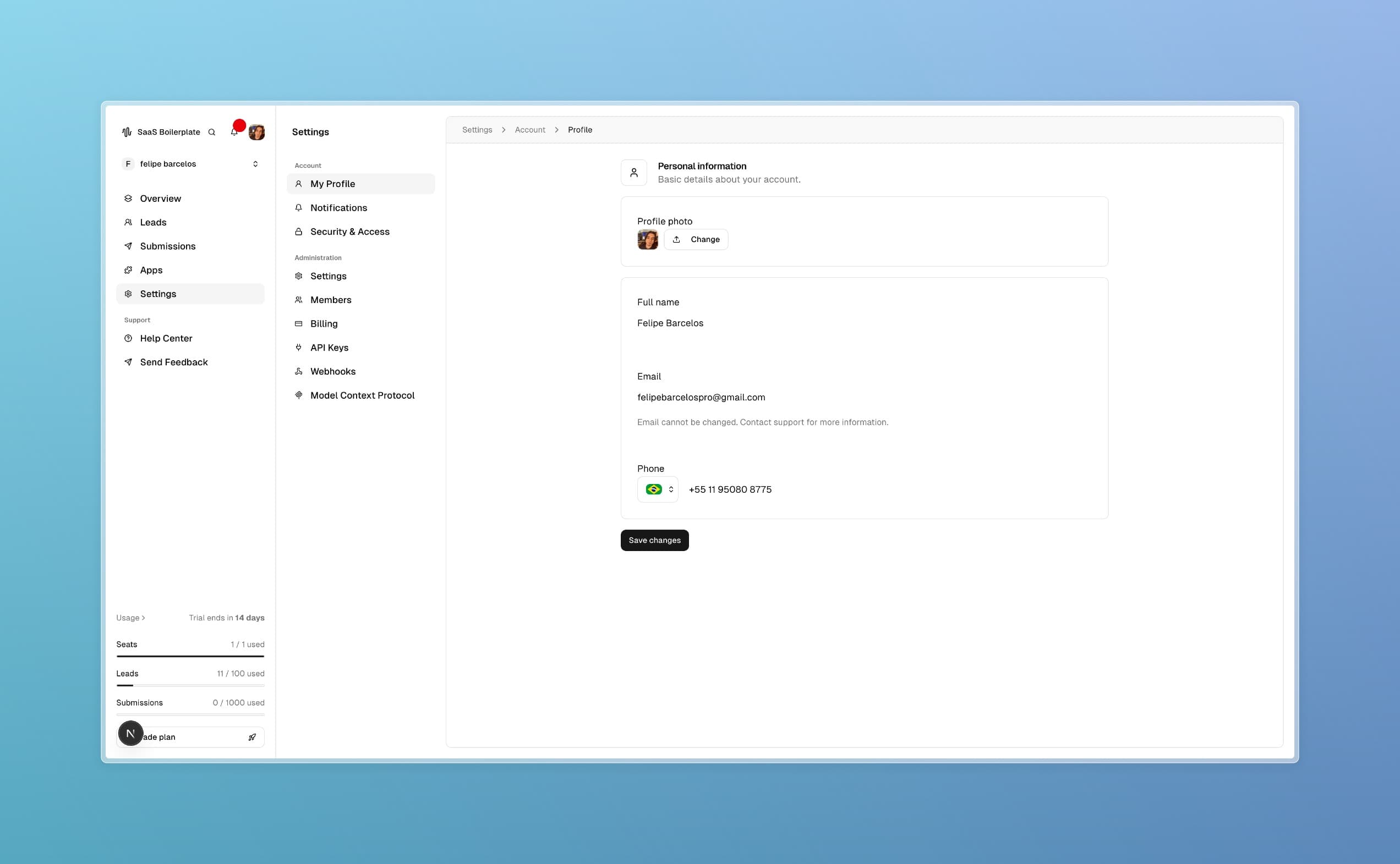 Página de perfil com as configurações de informações pessoais.
